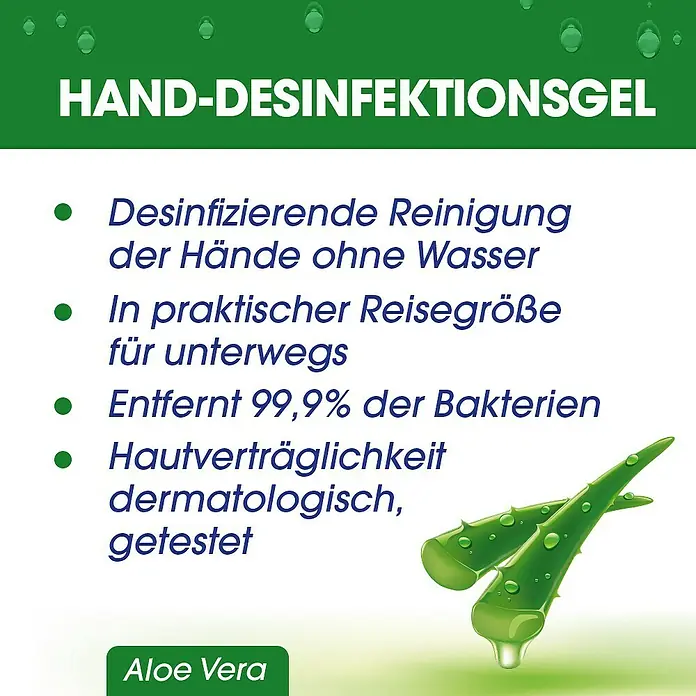 Sagrotan Desinfektionsreiniger für Hände - Aloe Vera, 50 ml - Bild von Hand-Desinfektionsgel mit Aloe Vera, das 99,9 % der Bakterien entfernt und dermatologisch getestet wurde.