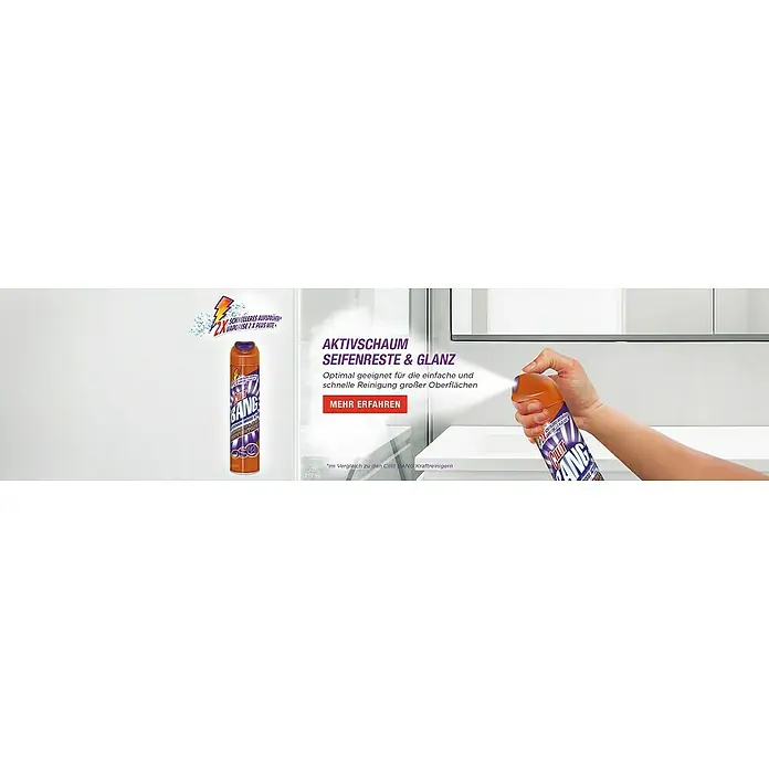 Cillit Bang Aktivschaum-Reiniger Seifenreste & Glanz - 600 ml, Flasche mit Sprühkopf - Eine Dose Cillit BANG Aktivschaum Seifenreste & Glanz wird in eine Badezimmeroberfläche gesprüht, um eine schnelle Reinigung zu erzielen.