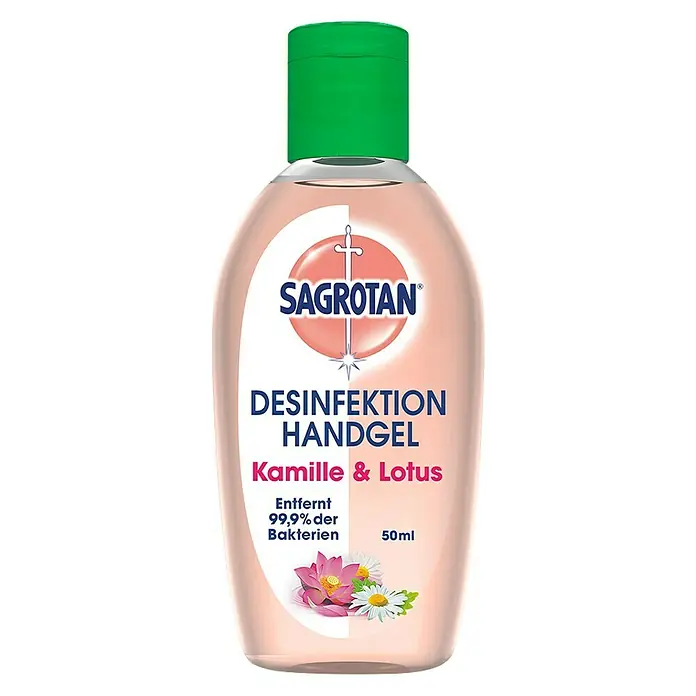 Sagrotan Desinfektionsreiniger für Hände - Kamille & Lotus, 50 ml - Sagrotan Desinfektionsmittel Handgel Kamille & Lotus in einer transparenten Flasche mit grünem Verschluss.