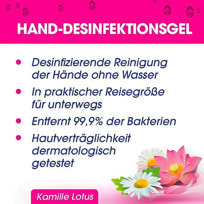 Sagrotan Desinfektionsreiniger für Hände - Kamille & Lotus, 50 ml - Bild von Kamille Lotus Handdesinfektionsgel mit den Vorteilen, wie es 99,9% der Bakterien entfernt, dermatologisch getestet wurde, usw.