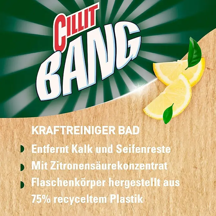Cillit Bang Reinigungsmittel Natürlicher Bad-Kraftreiniger - 750 ml, Sprühflasche - Abbildung von Cillit Bang Bad-Reiniger mit Zitrone, der Kalk und Seifenreste entfernt und einen Flaschenkörper aus 75% recyceltem Plastik hat.
