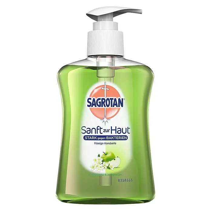 Sagrotan Flüssigseife Sanft zur Haut - Apfel & Jasmin, 250 ml - Sagrotan Flüssigseife mit Apfel- und Jasminblütenduft für sanfte und hygienische Hände. Stark gegen Bakterien, sanft zur Haut.
