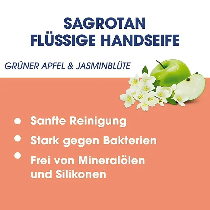 Sagrotan Flüssigseife Sanft zur Haut - Apfel & Jasmin, 250 ml - Abbildung der Sagrotan Flüssigseife mit Apfel- und Jasminblütenduft. Die Seife reinigt sanft, ist stark gegen Bakterien und frei von Mineralölen und Silikonen.