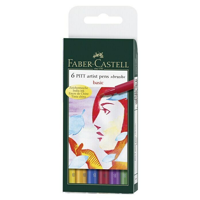 Faber-Castell Tuschestift-Set Pitt Basic6 Stk., Mehrfarbig, Brushspitze Front View