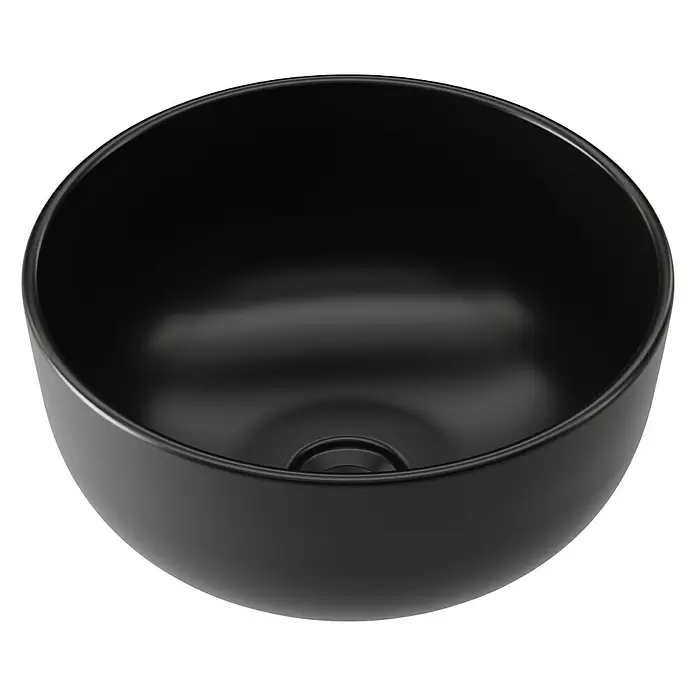 Lavabo de sobremesa Trenzo - 37 x 37 cm, Sin desbordamiento, Negro - Lavabo de cerámica negra con superficie lisa y diseño redondo para el baño.
