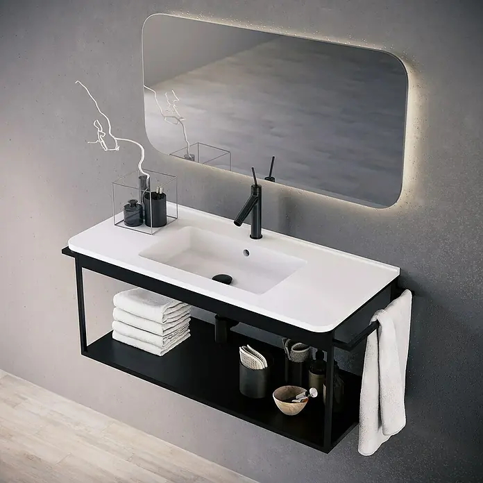 Estructura de metal con lavabo - 46 x 101 x 45,5 cm, Negro - Elegante lavabo de baño con mueble y espejo iluminado. El diseño moderno destaca por líneas claras y materiales de alta calidad.