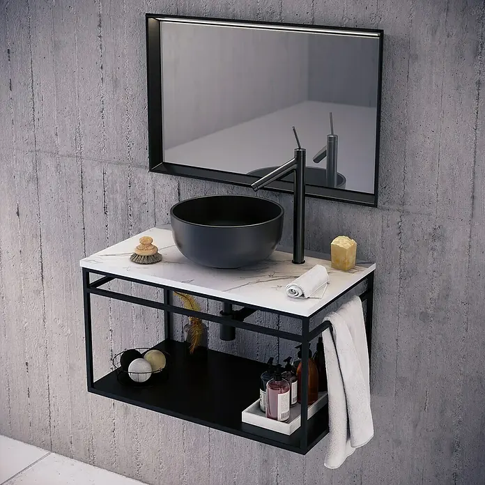 Estructura de metal con encimera y lavabo - 46 x 81 x 62 cm, Negro - Elegante lavabo de baño con bol negro, encimera de mármol y estructura negra. Incluye espejo con iluminación LED.