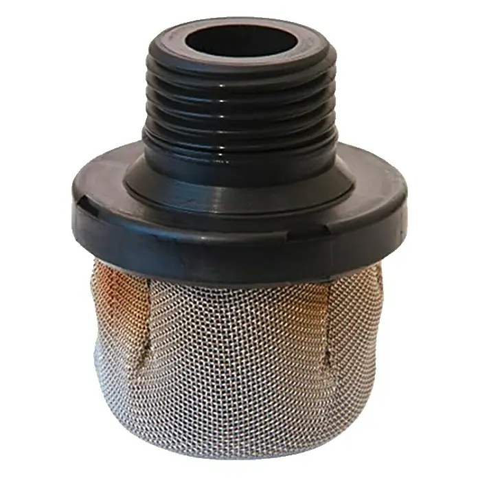 Graco Filtro de aspiración - Específico para: Graco Magnum Sistema de pulverización A20/A30/A45 & A60 - Primer plano de un conector de filtro de agua negro con una pantalla de malla metálica.