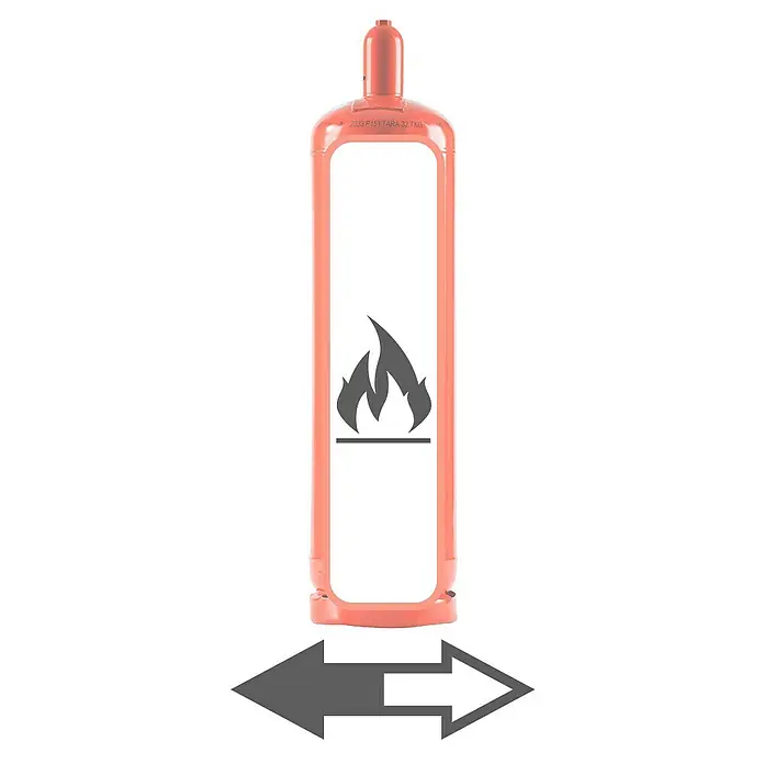Tyczka Energy Propangas-Füllung - Passend für: Tyczka Energy Gas-Pfandflaschen, 33 kg - Bild einer leuchtend roten Gasflasche mit Flammenwarnsymbol und Pfeilen, die die Handhabung verdeutlichen.