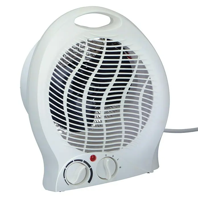 Calefactor de aire Alpina - 1.000 W - 2.000 W, Blanco - Calefactor portátil blanco con control de temperatura y apertura de asa para facilitar el transporte sobre un fondo negro.
