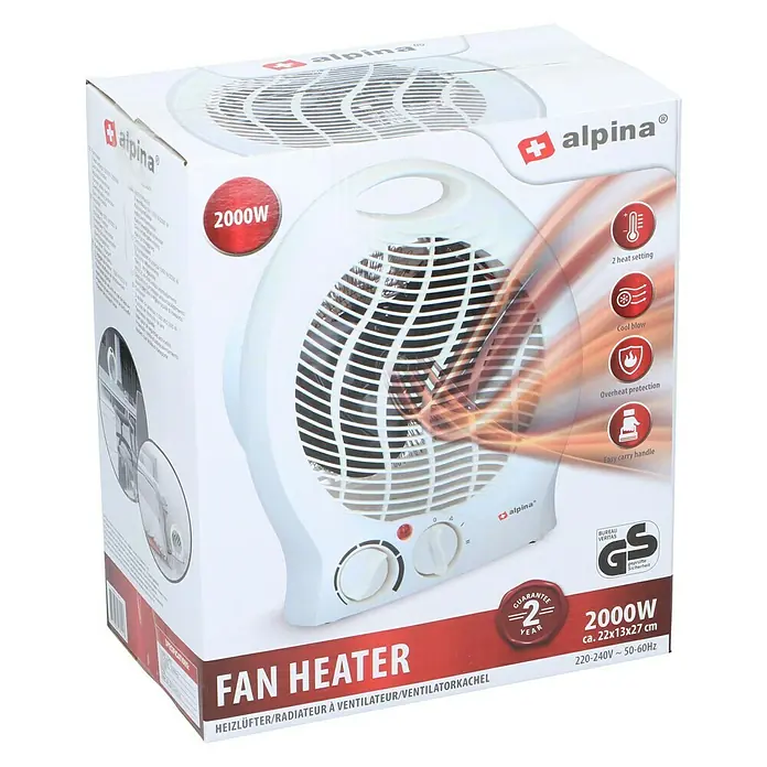 Calefactor de aire Alpina - 1.000 W - 2.000 W, Blanco - Imagen de un calefactor Alpina de 2000W en su embalaje original.