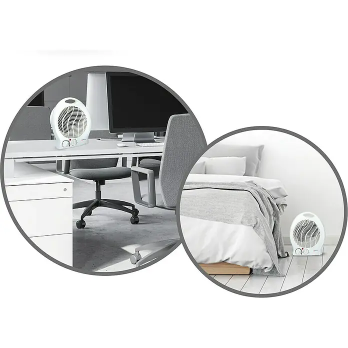 Calefactor de aire Alpina - 1.000 W - 2.000 W, Blanco - Imagen de dos calentadores portátiles blancos ubicados en entornos de oficina y dormitorios, proporcionando calor localizado.
