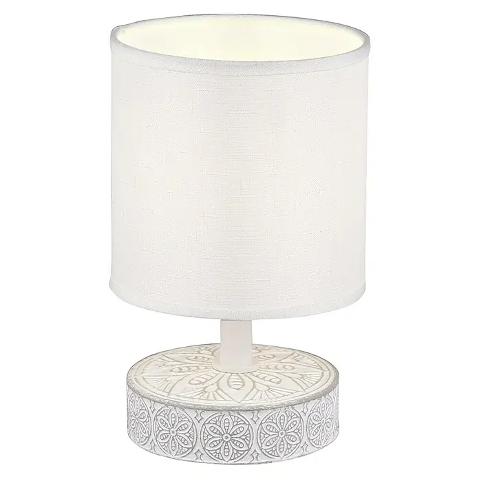 Trio Lighting Lámpara de sobremesa redonda Marie - 28 W, Ø x Al: 13 x 20,5 cm, Blanco, E14 - Primer plano de una elegante lámpara de noche blanca con una base decorativa y una pantalla a juego.