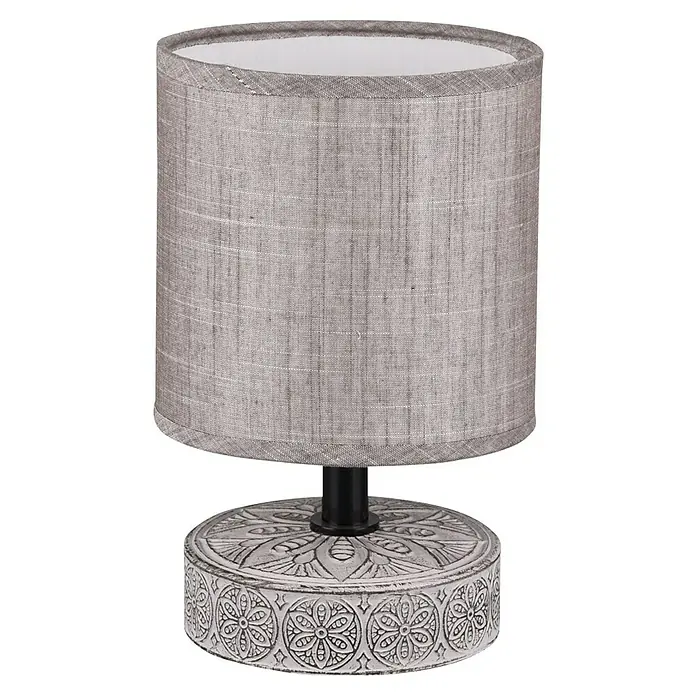 Trio Lighting Lámpara de sobremesa redonda Marie - 28 W, Ø x Al: 13 x 20,5 cm, Marrón, E14 - Lámpara de mesa ambiental con pantalla gris y base floral ornamentada para crear un ambiente acogedor en la habitación.