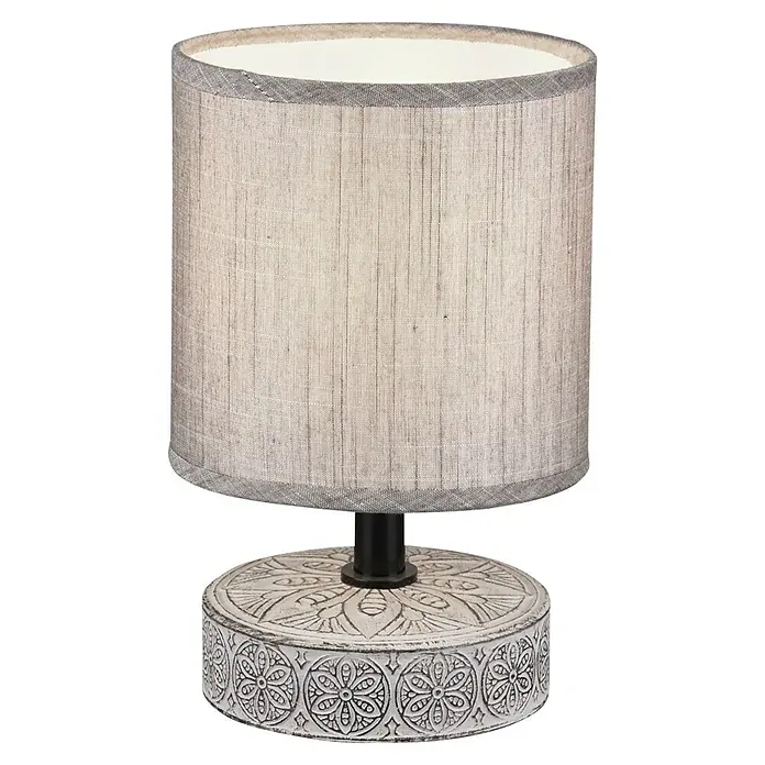Trio Lighting Lámpara de sobremesa redonda Marie - 28 W, Ø x Al: 13 x 20,5 cm, Marrón, E14 - Elegante lámpara de mesa con base estampada y pantalla de lino, para un ambiente cálido.