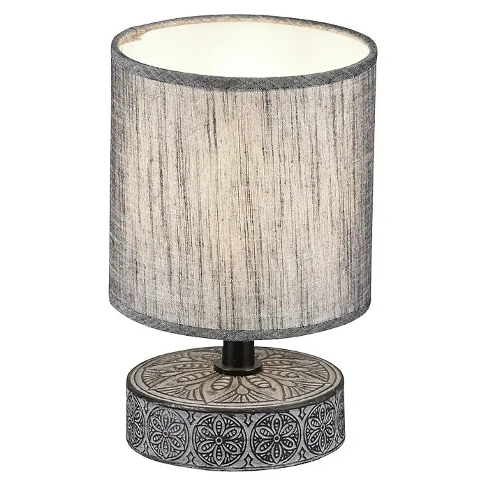 Trio Lighting Lámpara de sobremesa redonda Marie - 28 W, Ø x Al: 13 x 20,5 cm, Gris, E14 - Elegante lámpara de mesa con pantalla de tela gris y base decorada. Perfecta para iluminación ambiental y decoración elegante.