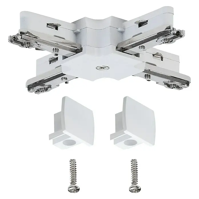 Paulmann URail X-Verbinder - 104 x 104 mm, Metall, Weiß - Das Produkt ist ein weißer 4-Wege-Verbinder für Stromschienen mit zwei Endkappen und Schrauben, ideal für Beleuchtungssysteme.