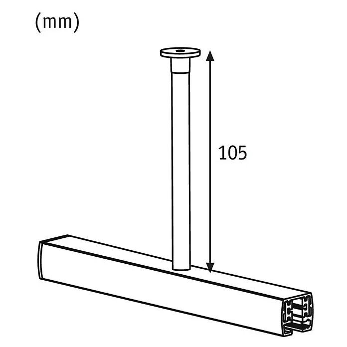 Paulmann URail Schienenabhängung - Chrom matt - Produktdiagramm mit Maßangabe (105 mm) für ein lineares Beleuchtungssystem.