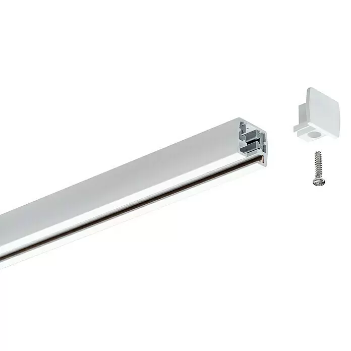 Paulmann URail Endkappe - Weiß, Kunststoff, 2 Stk. - Weißes Aluminium-Schienensystem mit braunem Innenstreifen, gezeigt mit passender weißer Endkappe und Montageschraube.