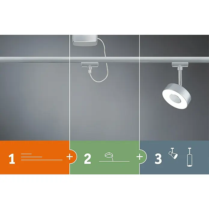 Paulmann URail Basis-Set - 1 m, 2 Stk. - Die Abbildung zeigt verschiedene Beleuchtungslösungen, darunter eine Schieneninstallation mit LED-Spots für moderne Innenräume.