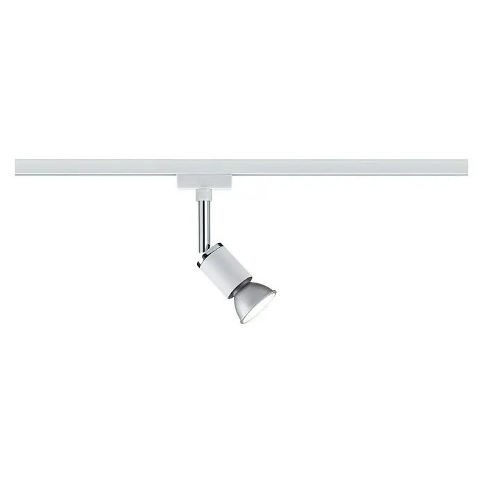 Paulmann URail Deckenstrahler Pure II - L x B x H: 11 x 5,8 x 6,6 cm, GU10, Weiß - Die Aufnahme zeigt eine einzelne, moderne Schienenleuchte mit weißem Gehäuse und silbernem Reflektor vor schwarzem Hintergrund.