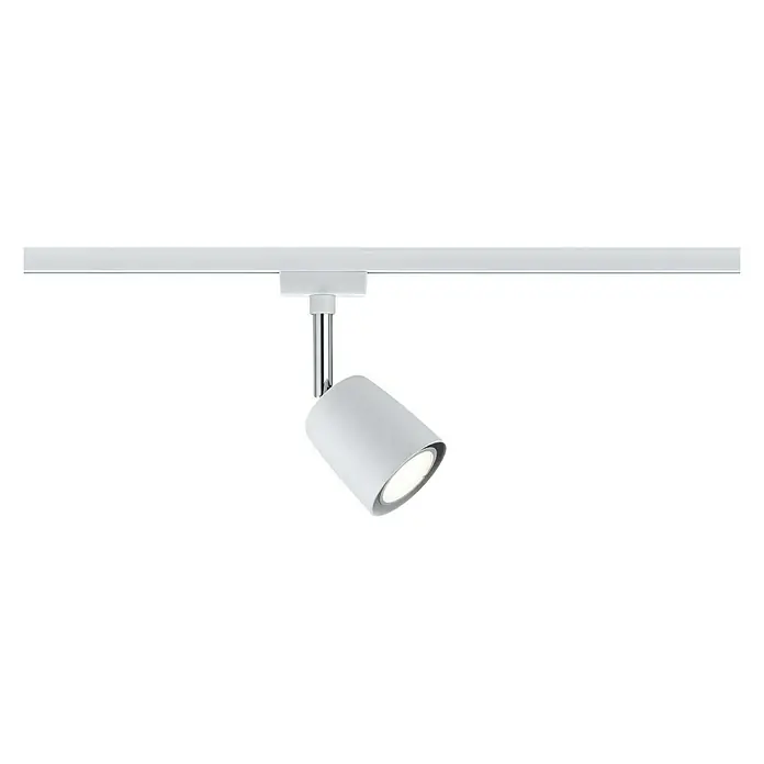Paulmann URail LED-Spot Cover - 10 W, Weiß, Chrom, GU10 - Weiße Schienenleuchte mit zylindrischem Kopf an einer weißen Schiene für moderne Beleuchtungslösungen.