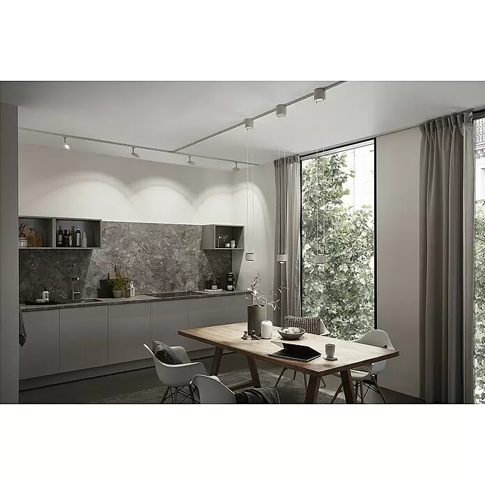 Paulmann URail LED-Spot Sphere - Weiß, Chrom, L x B x H: 32 x 119,8 x 183 mm - Moderne Schienenbeleuchtung und minimalistische Pendelleuchten beleuchten einen zeitgenössischen Küchen- und Essbereich.