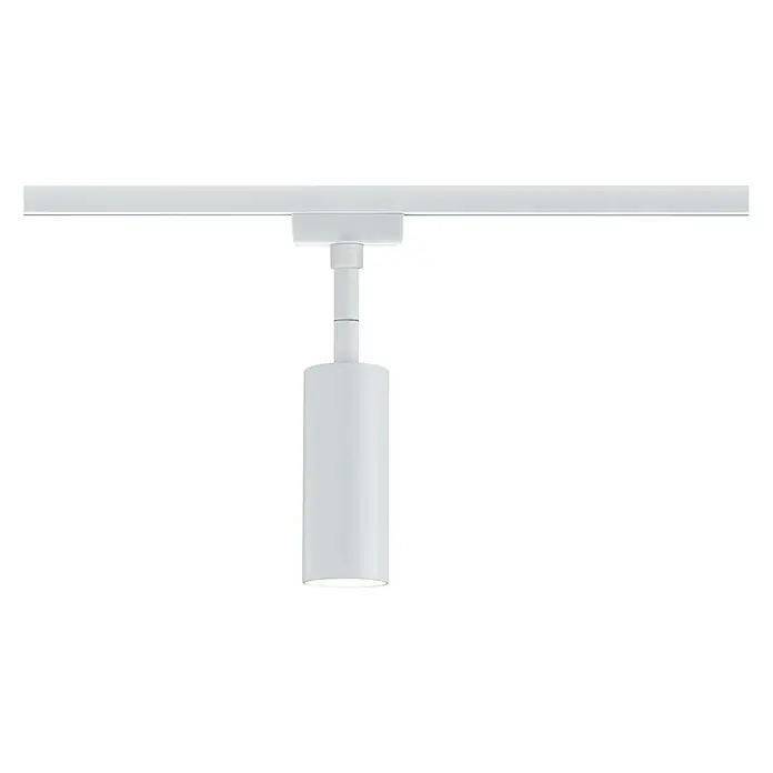 Paulmann URail LED-Spot Tubo - 5 W, L x B x H: 105 x 42 x 196 mm, Weiß, Warmweiß - Eine weiße LED-Strahlerleuchte an einer Schiene, die modernes Design und funktionale Beleuchtung vereint.