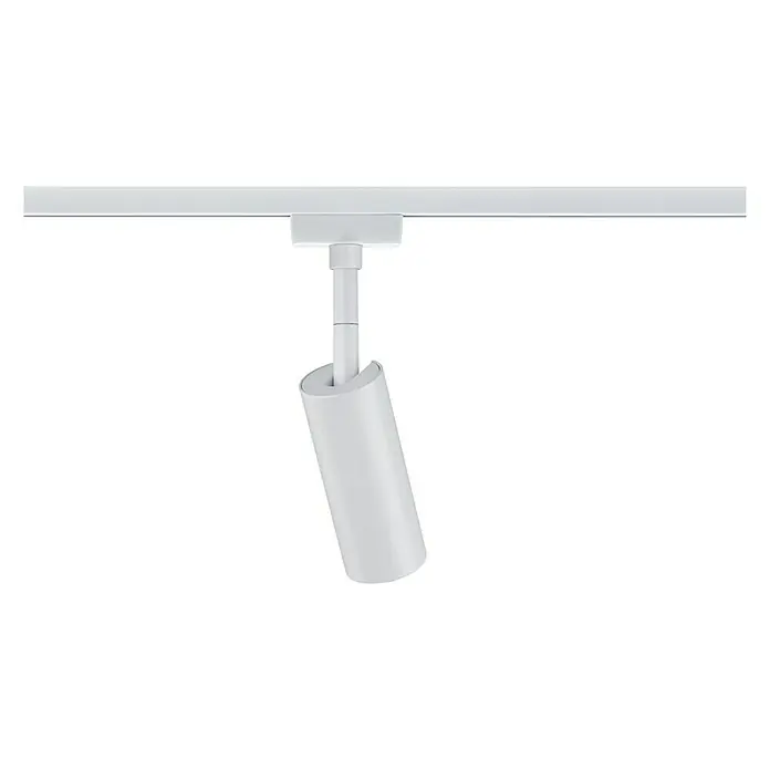 Paulmann URail LED-Spot Tubo - 5 W, L x B x H: 105 x 42 x 196 mm, Weiß, Warmweiß - Ein weißer Strahler hängt an einer weißen Schiene und ist in einem dunklen Raum seitlich abgewinkelt. Der Spot leuchtet den Raum aus.