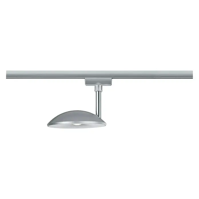 Paulmann URail LED-Spot Sphere - 7,4 W, Chrom, L x B x H: 32 x 119,8 x 183 mm - Nahaufnahme einer modernen, grauen Schienenleuchte mit einem abgerundeten Lampenschirm, die an einer silbernen Schiene befestigt ist.
