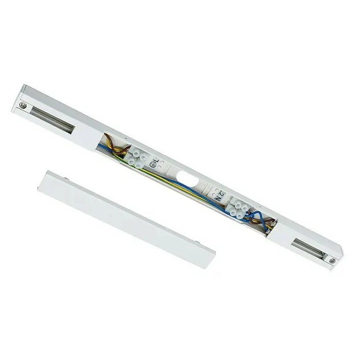 Paulmann URail Mittel-Einspeisung - L x B x H: 304 x 18 x 18 mm, Weiß - Eine weiße, längliche Aufputz-Lichtleiste mit offenem Stromanschluss und einer separaten Abdeckung.