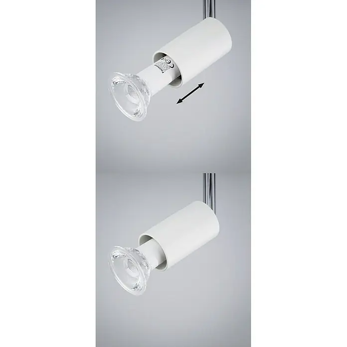 Paulmann URail Deckenstrahler Pure I - L x B x H: 110 x 58 x 66 mm, GU10, Weiß, Chrom - Abbildung einer Paulmann Leuchte mit Bewegungspfeil, die die Flexibilität des Produkts für fokussiertes Licht hervorhebt.