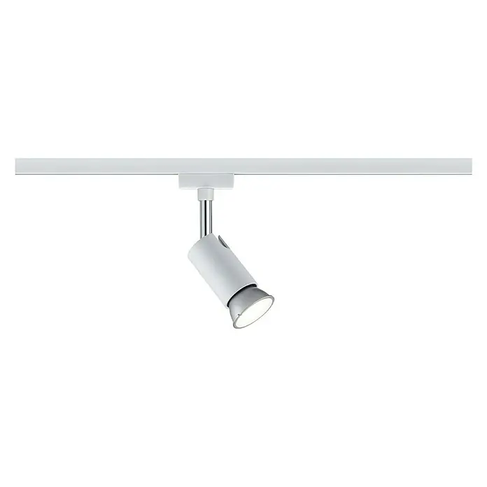 Paulmann URail Regleta Pure I - L x An x Al: 110 x 58 x 66 mm, GU10, Blanco - Foco blanco fijado a un carril. El foco está dirigido a un punto y brilla intensamente.