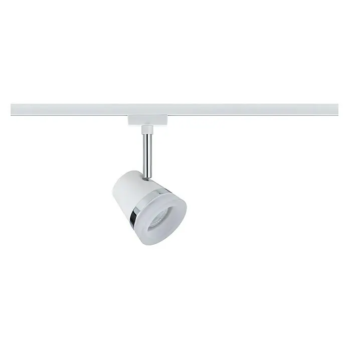 Paulmann URail Spot Cone - Ø x H: 85 x 180 mm, GU10, Ohne Leuchtmittel, Weiß, Chrom - Nahaufnahme einer weißen Schienenleuchte mit Chromakzenten, die an einer weißen Schiene befestigt ist.