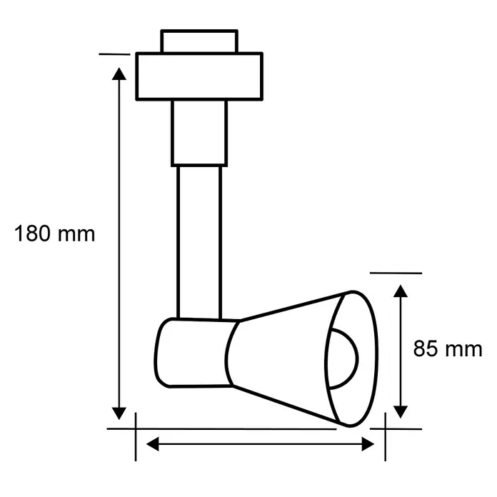 Paulmann URail Spot Cone - Ø x H: 8,5 x 18 cm, GU10, Ohne Leuchtmittel, Chrom - Abbildung einer verstellbaren Deckenleuchte mit Maßangaben. Die Lampe ist detailliert gezeichnet und mit 180 mm und 85 mm beschriftet.