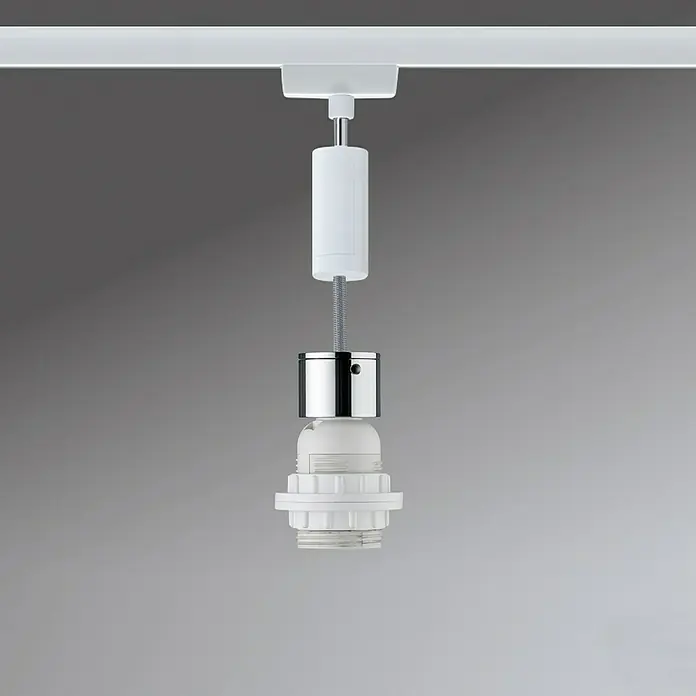 Paulmann URail 2Easy Pendelleuchte Basic - 20 W, Weiß, Chrom, Höhe: 150 cm - Nahaufnahme einer Lampenfassung mit verchromter Abdeckung und Aufhängung an einem weißen Gestänge, ideal für moderne Beleuchtungssysteme.