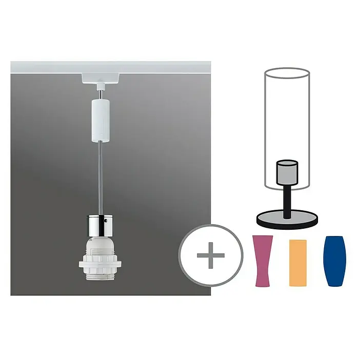 Paulmann URail 2Easy Pendelleuchte Basic - 20 W, Weiß, Chrom, Höhe: 150 cm - Dieses Bild zeigt eine Hängeleuchte mit verschiedenen Lampenschirmoptionen, die eine Anpassung des Produkts ermöglichen.