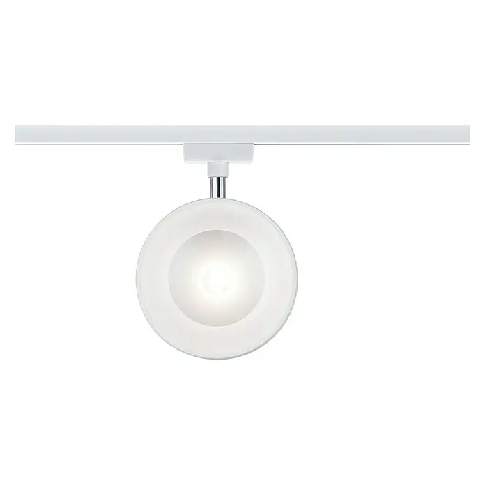 Paulmann URail LED-Spot Arena - 15 W, Weiß, Chrom, 78 x 123 x 191 mm, Warmweiß - Nahaufnahme einer modernen, weißen Kugel-Deckenleuchte an einer Schiene, die ein warmes, diffuses Licht verbreitet.