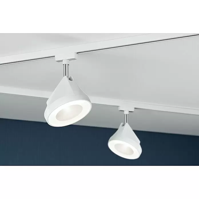 Paulmann URail LED-Spot Arena - 15 W, Weiß, Chrom, 78 x 123 x 191 mm, Warmweiß - Zwei weiße Stromschienenstrahler mit Chromstielen, an einer Deckenschiene montiert, nach unten leuchtend.