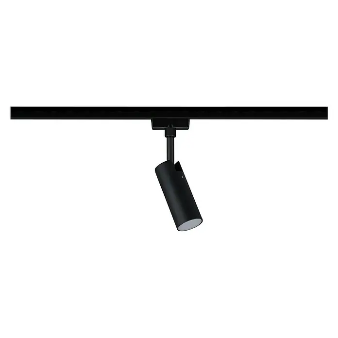 Paulmann URail LED-Spot Tubo - 4,5 W, L x B x H: 105 x 42 x 186 mm, Schwarz, Neutralweiß - Eine einzelne, schwarze Schienenleuchte hängt von einer schwarzen Schiene und strahlt nach unten.