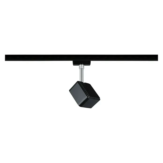 Paulmann URail LED-Spot Cube - 8 W, Schwarz, L x B x H: 47 x 77 x 165 mm - Schwarzer LED-Spot an einer schwarzen Schiene montiert, modernes Design für gezielte Beleuchtung in Innenräumen.