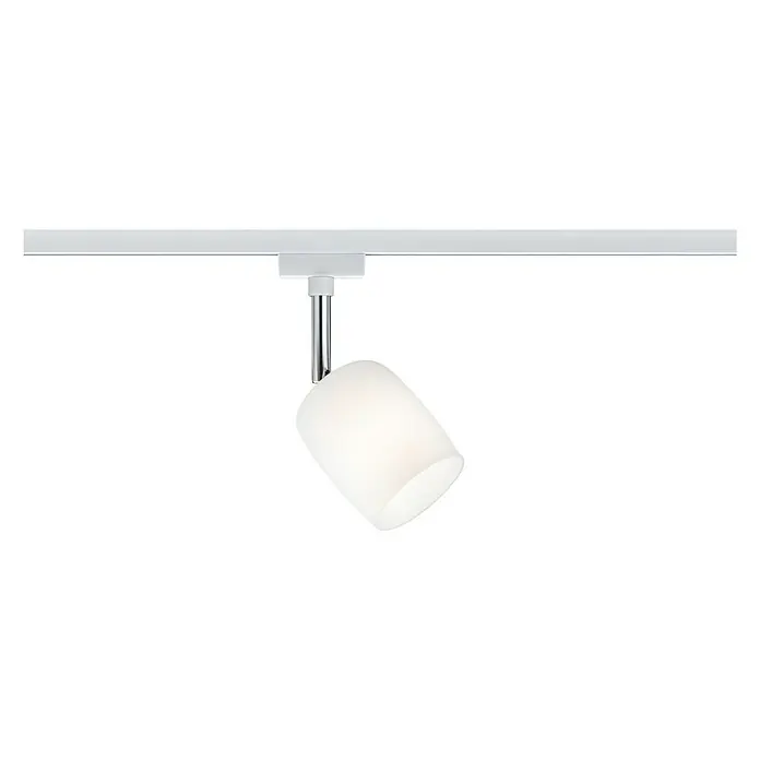 Paulmann URail LED-Spot Blossom - 10 W, Weiß/Satin, G9, 1 Stk. - Weiße LED-Schienenleuchte mit zylindrischem Schirm und Chromhalterung an einer weißen Schiene. Elegantes Design für moderne Beleuchtungslösungen.