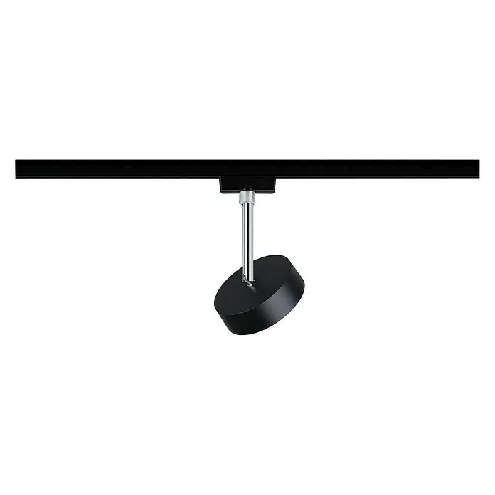 Paulmann URail LED-Spot Circle - 5 W, Schwarz, Chrom, Neutralweiß - Schwarzer LED-Strahler an einer Schiene. Der Strahler ist zylinderförmig und hängt an einer verchromten Stange unter der Schiene.