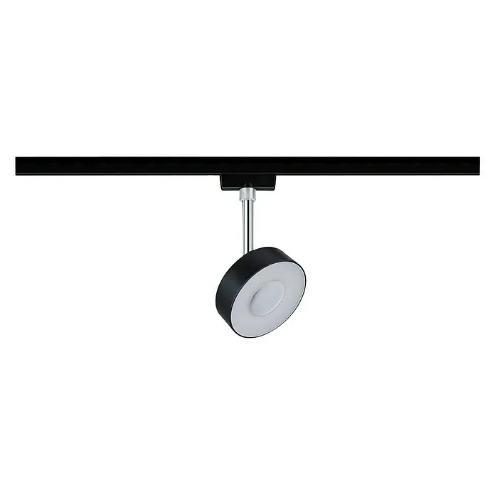 Paulmann URail Foco LED para riel Circle - 5 W, Negro, Blanco neutro - Luz de riel LED negra con forma redonda y montaje color cromo sobre un fondo negro.