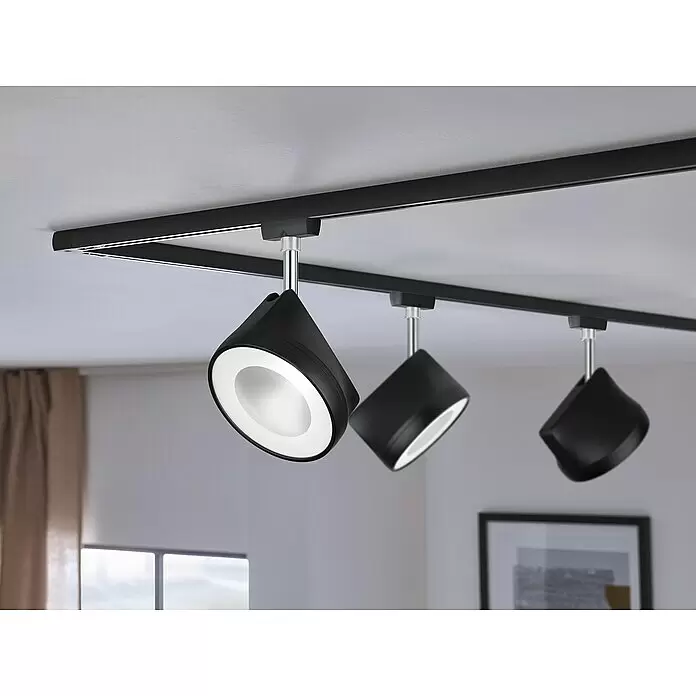 Paulmann URail LED-Spot Arena - 14 W, Schwarz, Chrom, 78 x 123 x 191 mm, Neutralweiß - Schwarzes Schienensystem mit drei konischen Strahlern.