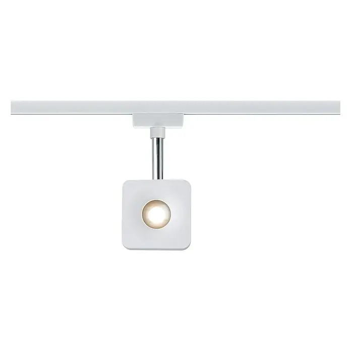 Paulmann URail LED-Spot Cube - 8 W, Weiß, Chrom, L x B x H: 47 x 77 x 165 mm - Nahaufnahme einer weißen quadratischen Schienenleuchte, die an einer horizontalen Schiene befestigt ist und ein warmes Licht ausstrahlt.