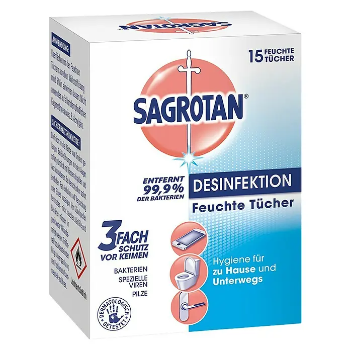 Sagrotan Desinfektionstücher - 15 Stk. - Bild einer Packung Sagrotan Desinfektion Feuchte Tücher, die 99,9% der Bakterien entfernt, ideal für Hygiene zu Hause und unterwegs.