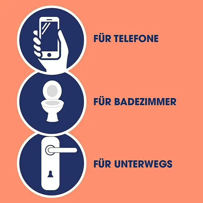 Sagrotan Desinfektionstücher Flatpack - 15 Stk. - Bild zeigt Symbole für Telefone, Badezimmer und unterwegs, dargestellt in Kreisen mit Text.