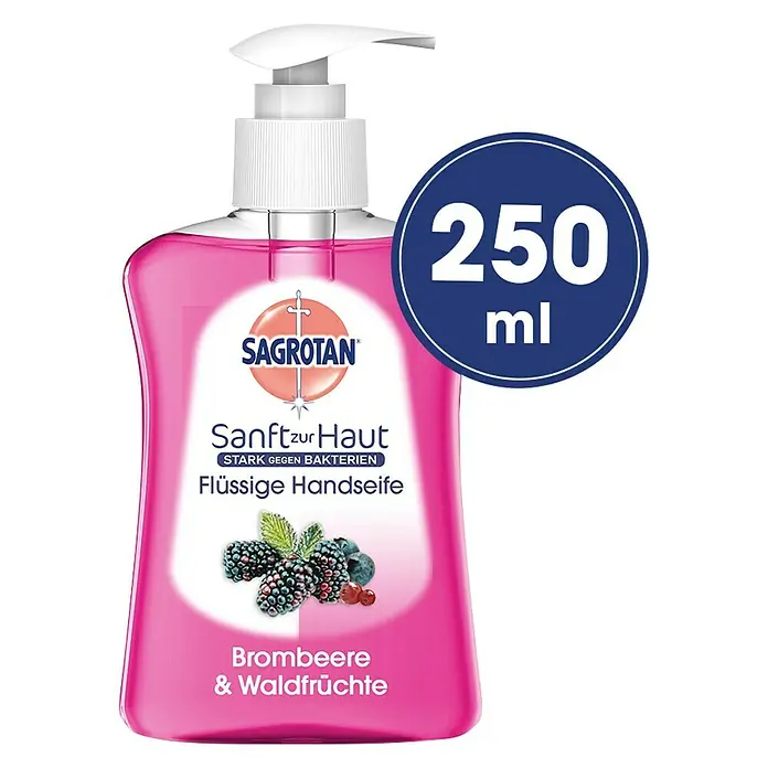 Sagrotan Flüssigseife Sanft zur Haut - Brombeere & Waldfrüchte, 250 ml - Sagrotan Flüssige Handseife Brombeere & Waldfrüchte, 250ml Flasche mit praktischem Pumpspender für hygienische Hände.