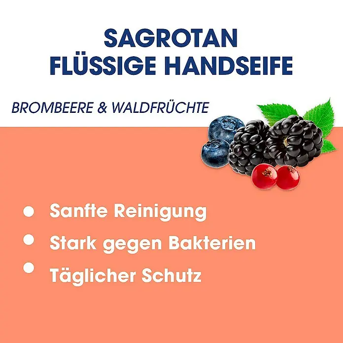 Sagrotan Flüssigseife Sanft zur Haut - Brombeere & Waldfrüchte, 250 ml - Sagrotan Flüssige Handseife Brombeere & Waldfrüchte. Sanfte Reinigung, stark gegen Bakterien und bietet täglicher Schutz.